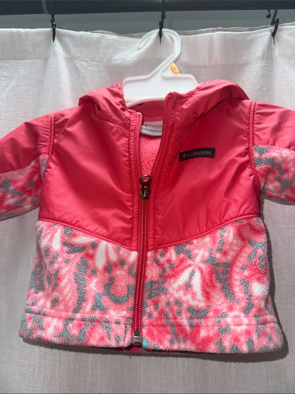 Columbia Pink Hooded Puffer Jacket with Patterned Panels